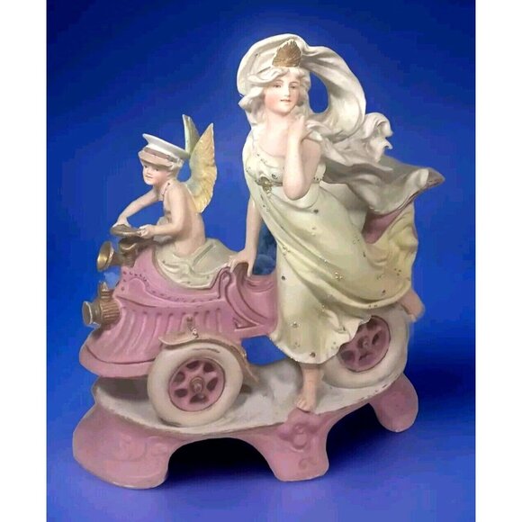Antique  c1900 Cherub Angel Chauffeur Driving Woman Goddess Vintage Car Figurine - Picture 5 of 16